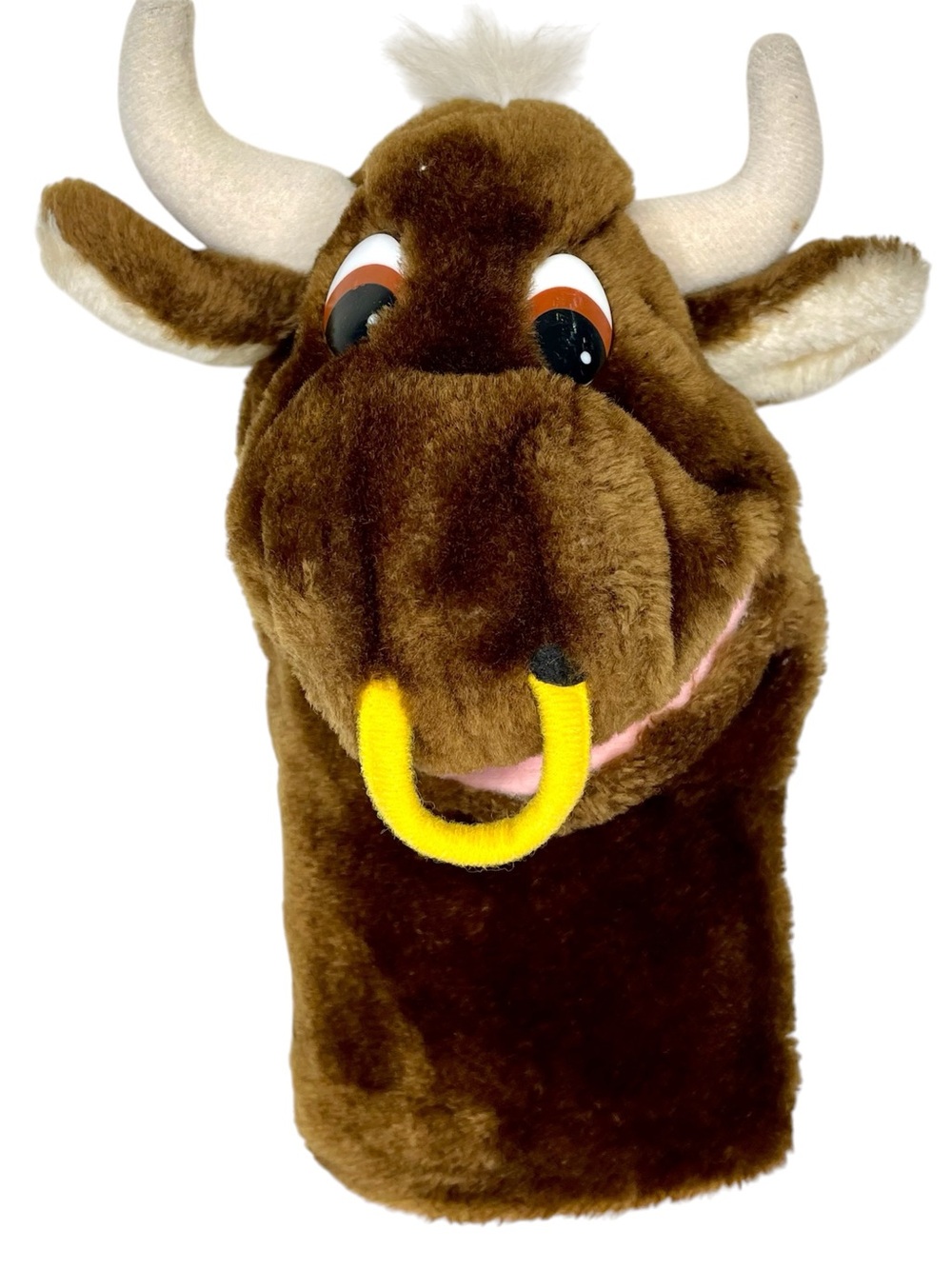 Vintage Dakin Plush Brown Bull Cow Hand Puppet Golf Club Cover White Horns Vtg